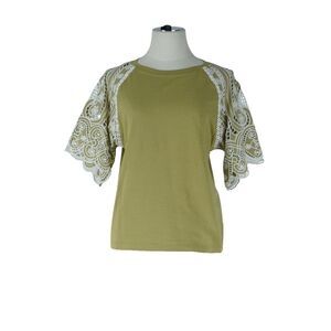 SANDRO Khaki T-Shirt with Lace Sleeves